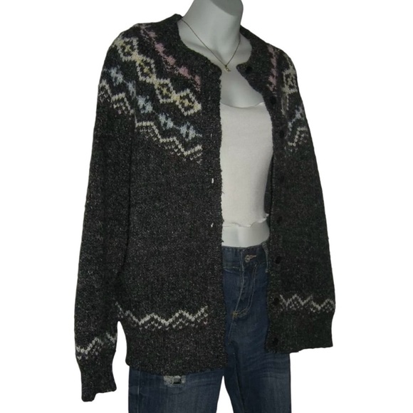 Idioms Sweater Vintage 90's Wool Blend Cardigan Fair Isle Ski Gray Pink Cottage - Picture 5 of 15